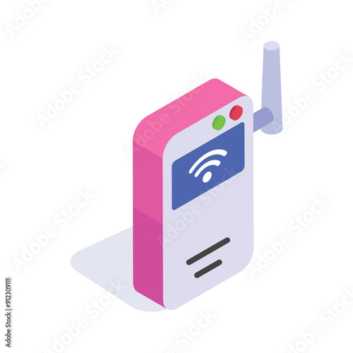 An amazing isometric icon of a wireless internet device with a visible antenna