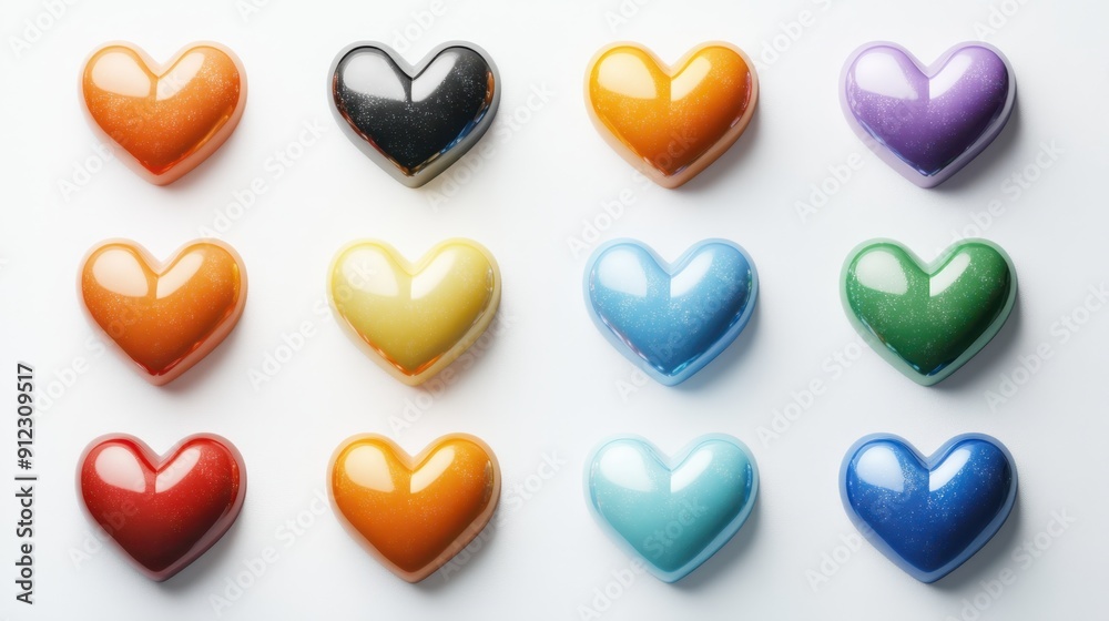 Set multicolored pastel hearts on white background,Set of Hearts in different colors and types,3D Love icons in different colors,Valentine Day greeting card design elements,vector illustrations. Set multicolored pastel hearts on white background,Set of Hearts in different colors and types,3D Love icons in different colors,Valentine Day greeting card design elements,vector illustrations.