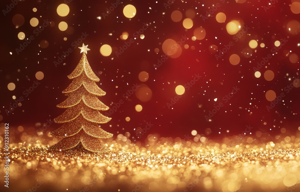 Christmas tree with golden glitter surrounded by red background Christmas tree with golden glitter surrounded by red background