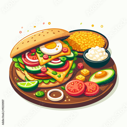 Mexican food set. Guacamole, chiltomate, quesadillas, chile ennogada, nachos, enmoladas, burritos, tamales, tacos, fajitas, etc. Vector illustration isolated on white background.