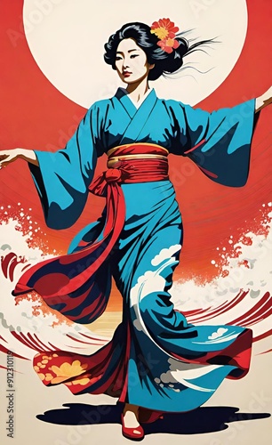 a beautiful young Japanese woman, dancing, kimono is crafted with waves and layers of fabric, creating a sense of movement and depth