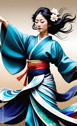 a beautiful young Japanese woman, dancing, kimono is crafted with waves and layers of fabric, creating a sense of movement and depth