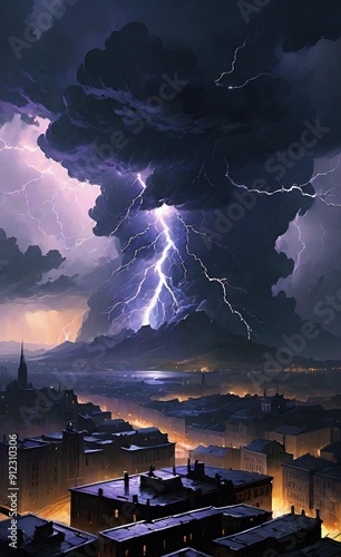 a thunderstorm over a cityscape with dark tones and a backlit resolution