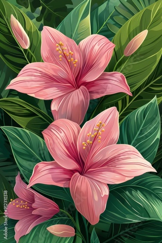 Pink Flowers With Green Leaves Painting