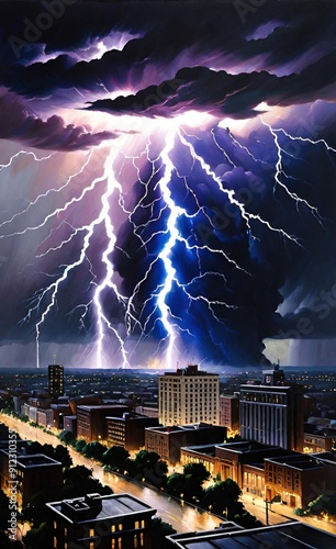 a thunderstorm over a cityscape with dark tones and a backlit resolution