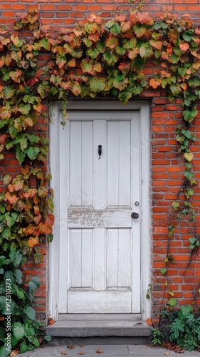 White door on brick wall with Climbing plant, green ivy or vine plant growing on antique brick wall of house,English architecture,luxury building,empty grunge urban street with warehouse brick wall.