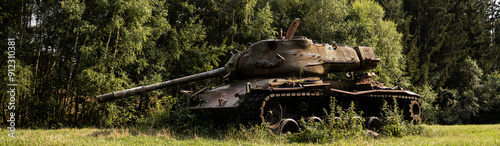 a destroyed tank outdoors panorama