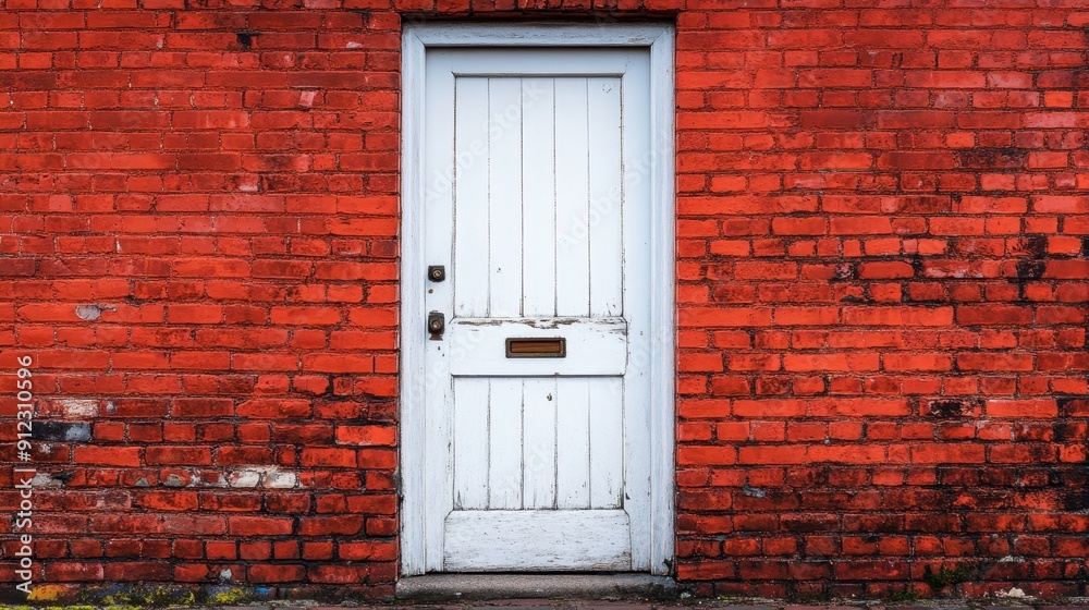 Modern single White door on brick wall in city,English architecture,luxury building,empty grunge urban street with warehouse brick wall,sidewalk by street wall and door,space for text concept. Modern single White door on brick wall in city,English architecture,luxury building,empty grunge urban street with warehouse brick wall,sidewalk by street wall and door,space for text concept.