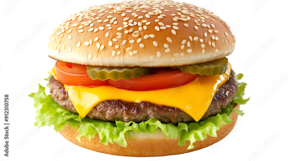 Classic Cheeseburger with Lettuce, Tomato, Pickles, and Melted Cheese on Sesame Seed Bun Isolated Classic Cheeseburger with Lettuce, Tomato, Pickles, and Melted Cheese on Sesame Seed Bun Isolated
