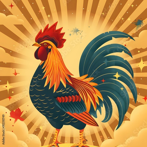 Vibrant Rooster Illustration with Sunburst Background