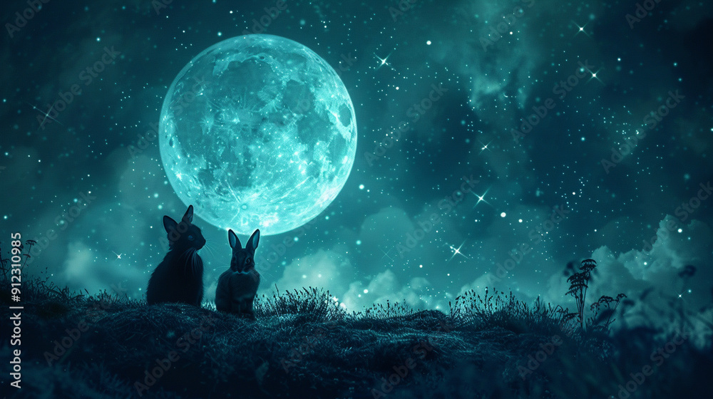 Abstract image of a cat and rabbit sitting under a glowing moon, capturing the detailed night sky and ethereal glow Abstract image of a cat and rabbit sitting under a glowing moon, capturing the detailed night sky and ethereal glow