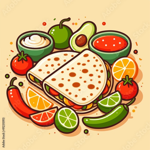 Mexican food set. Guacamole, chiltomate, quesadillas, chile ennogada, nachos, enmoladas, burritos, tamales, tacos, fajitas, etc. Vector illustration isolated on white background.