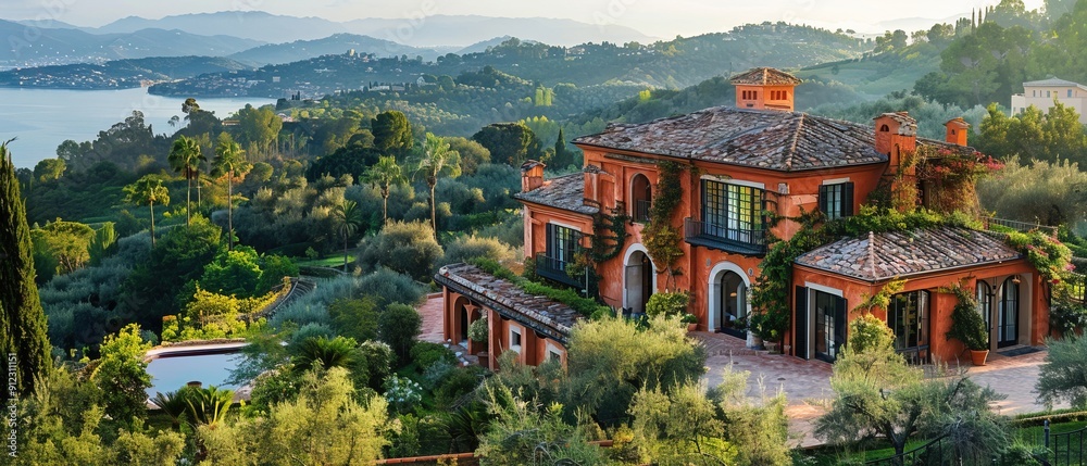 Fototapeta premium A large house with a pool and a vine covered roof sits on a hill overlooking a body of water