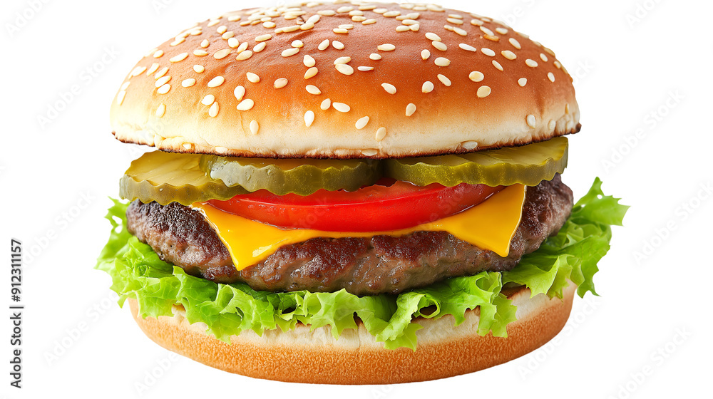 Classic Cheeseburger with Lettuce, Tomato, Pickles, and Melted Cheese on Sesame Seed Bun Isolated