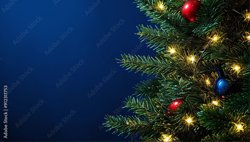 Fototapeta premium blue xmas background with pine tree branches gold snowflakes balls garland. Christmas frame greeting card template banner mockup.