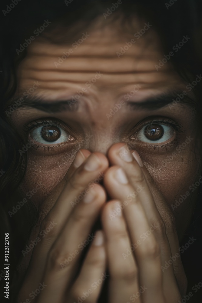 A woman gasps in astonishment, her hands over her mouth and her eyes shining with shock, caught in a genuine, heartfelt reaction. A woman gasps in astonishment, her hands over her mouth and her eyes shining with shock, caught in a genuine, heartfelt reaction.