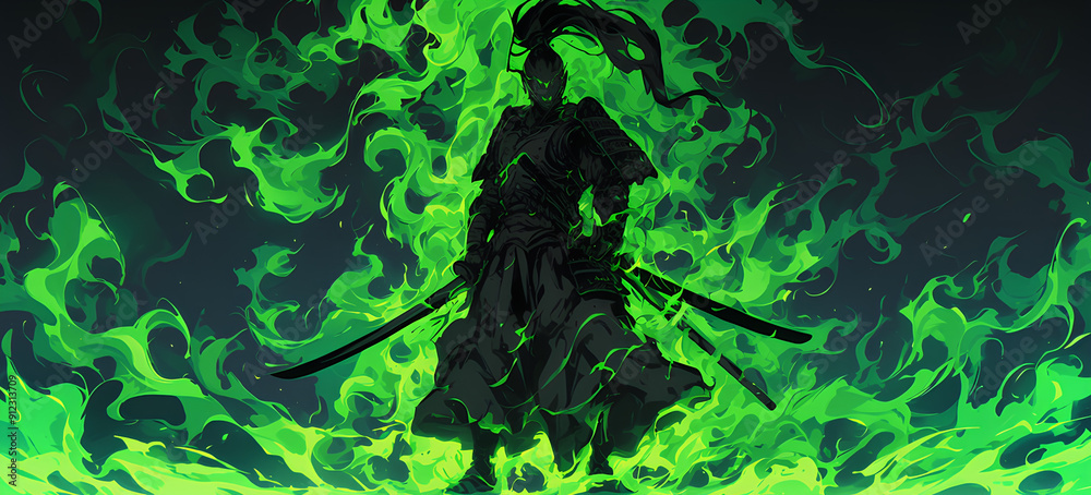 black and green color samurai silhouette with speed effect background black and green color samurai silhouette with speed effect background