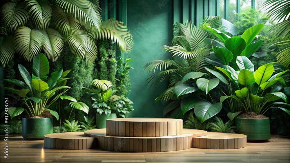 Background podium jungle product platform 3D green wood display pedestal. Background podium jungle tree nature leaf tropical cosmetic summer forest plant garden stage water presentation stone table.