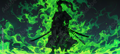 black and green color samurai silhouette with speed effect background