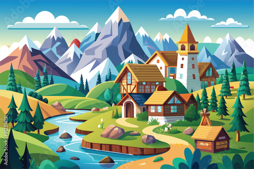 Colorful cartoon landscape design vector illustration. House in the mountains with some green trees, and there is a clear river flowing.