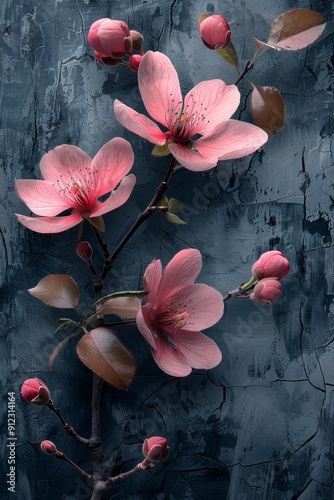 Pink Flowers on Blue Background
