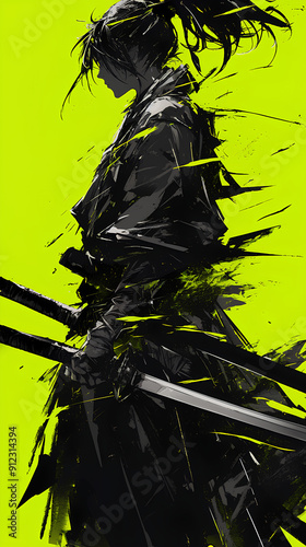 black and green color samurai silhouette with speed effect background