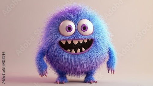 Cute blue furry monster 3D cartoon character