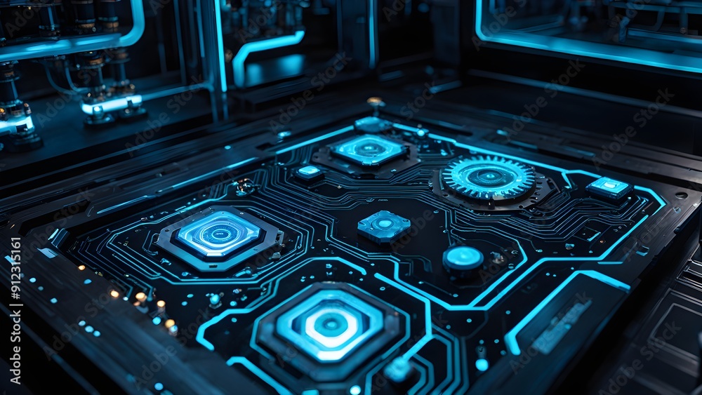 Obraz premium A computer chip with blue lights on it