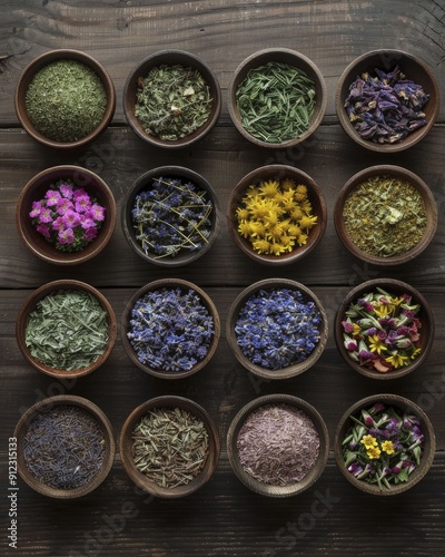 Healing herbs displayed neatly on a rustic wooden table, with each plant labeled for its medicinal benefits