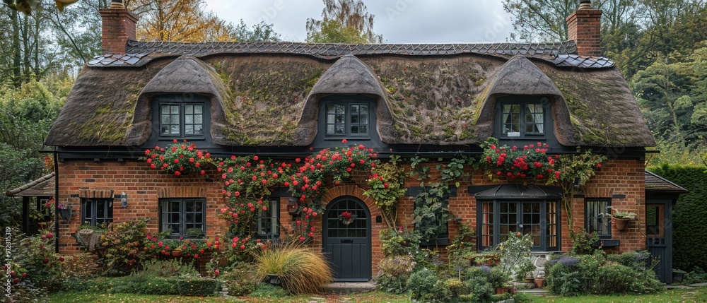 Fototapeta premium A large, old-fashioned house with a thatched roof and a green roof