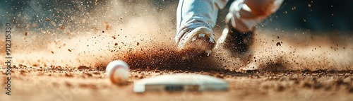 Close-up of a baseball player sliding into home plate under dramatic stadium lighting, action, baseball stadium