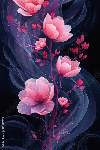 Pink Flowers on Black Background