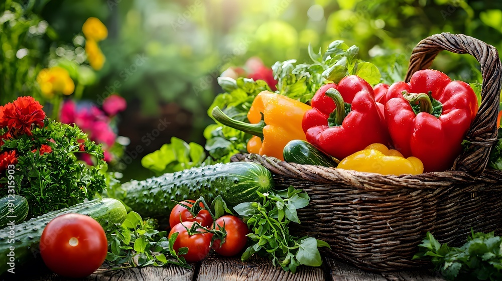 Crisp, fresh organic vegetables like tomatoes, cucumbers, and lettuce overflow a white basket, perfect ingredients for a healthy salad Crisp, fresh organic vegetables like tomatoes, cucumbers, and lettuce overflow a white basket, perfect ingredients for a healthy salad