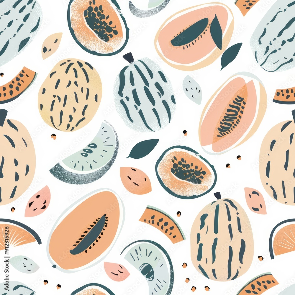 Seamless pattern of whimsical pastel-colored melons and papayas Seamless pattern of whimsical pastel-colored melons and papayas