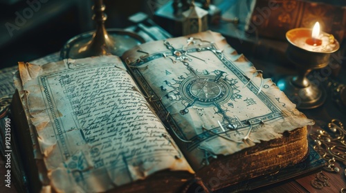 An antique grimoire lies open on a wooden table, featuring intricate illustrations and a candle flickering nearby, creating an enchanting atmosphere