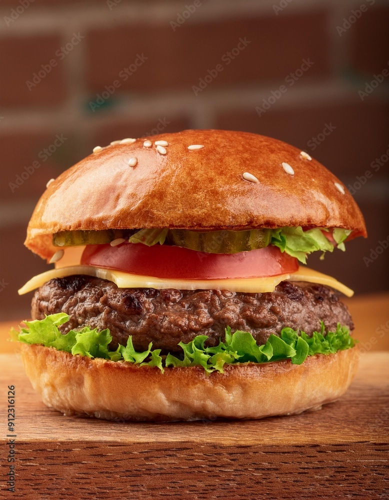 Fotografía de estudio de una hamburguesa con queso, tomate, lechuga... y patatas fritas de fondo