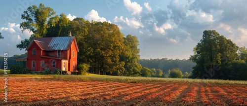 Fototapeta Naklejka Na Ścianę i Meble -  A red house sits in a field of red dirt