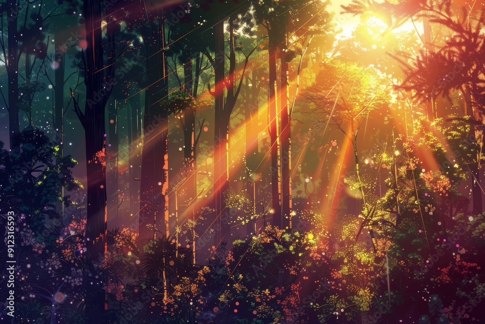 Sunlight streams through the trees of a dense forest Sunlight streams through the trees of a dense forest