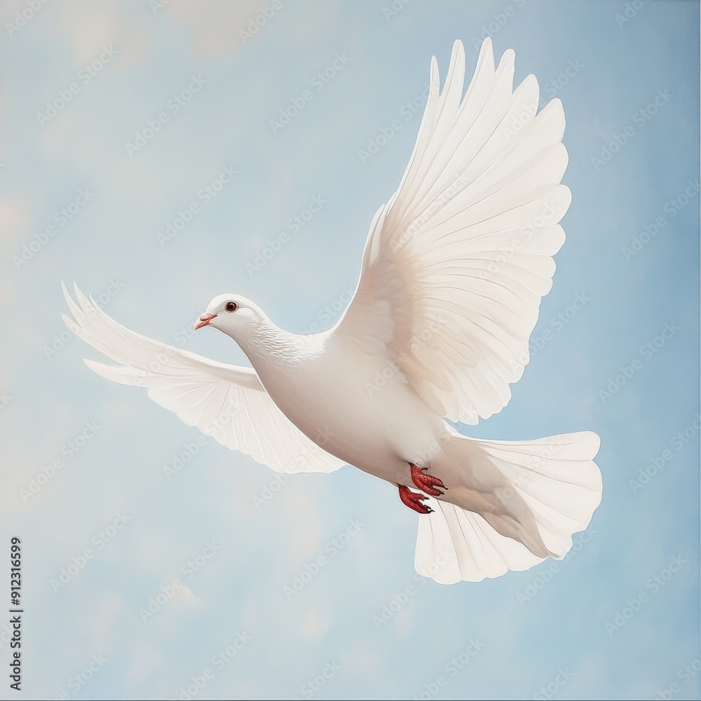 Soaring Serenity: A white dove glides gracefully against a pale blue sky, wings outstretched in a symbol of peace, hope, and freedom. Soaring Serenity: A white dove glides gracefully against a pale blue sky, wings outstretched in a symbol of peace, hope, and freedom.