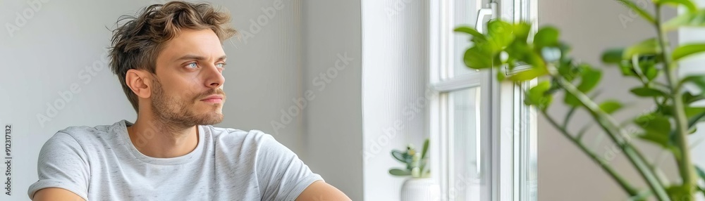 Obraz premium Thoughtful man staring out window, passionate introspective emotional look, warm light and soft focus