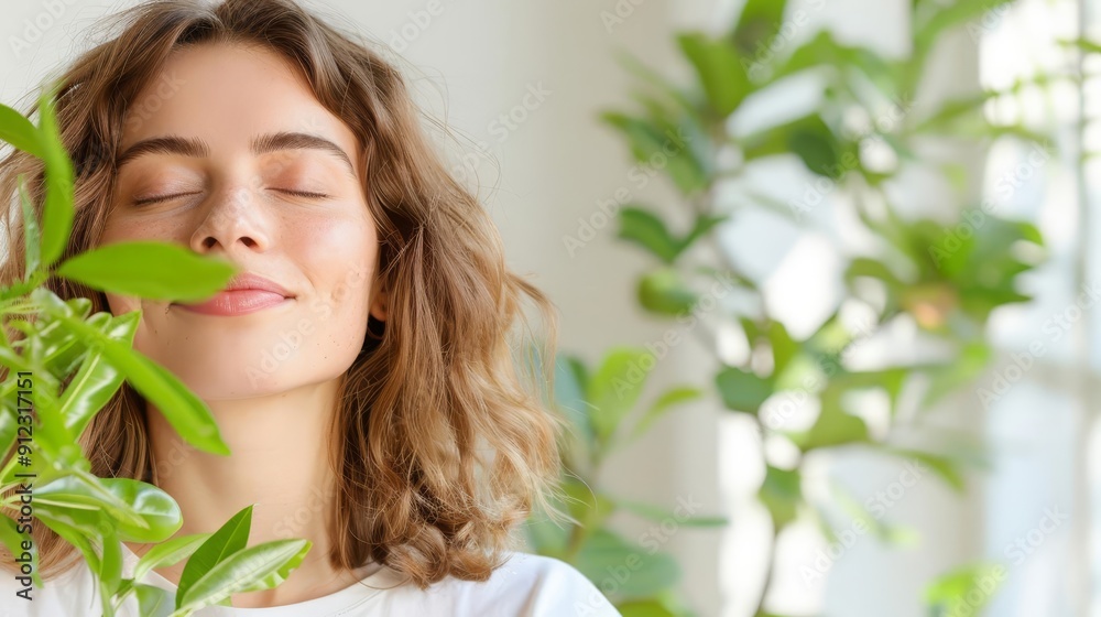 Woman with eyes closed, reflective deep emotional expression, warm sunlight filtering through