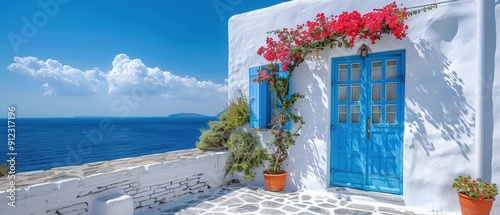 Fototapeta Naklejka Na Ścianę i Meble -  A blue house with a blue door sits on a white wall overlooking the ocean