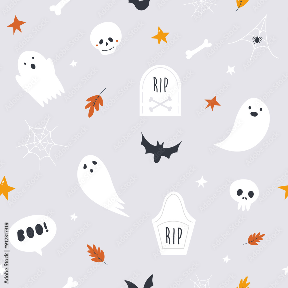 Seamless Halloween Patterns with Spooky Ghosts and Skulls