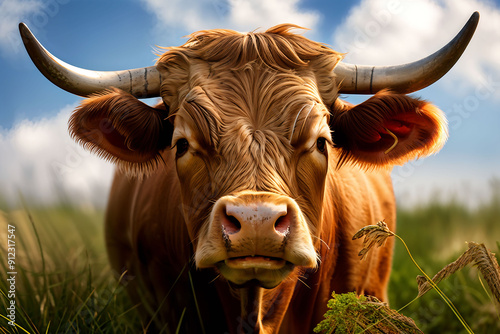 Close-up of brown cow's head with horns. The cow is grazing in a field.