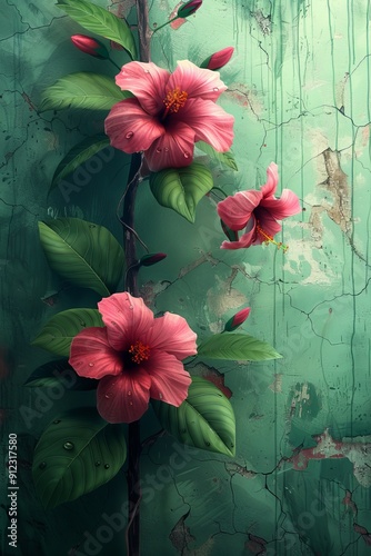 Pink Flowers on Green Background