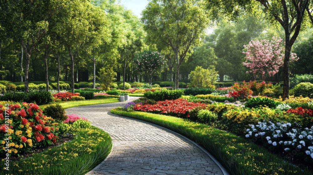 Obraz premium Serene Garden Path: A winding path through a lush garden bursting with colorful flowers and bathed in warm sunlight.