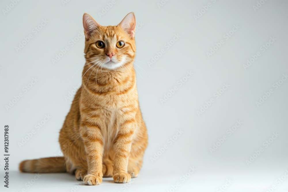 Obraz premium A close-up shot of an orange tabby cat sitting on a white surface, looking directly at the camera