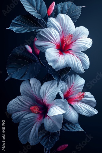 Three White and Red Flowers on Black Background
