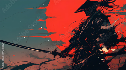 black and red color samurai silhouette with speed effect background