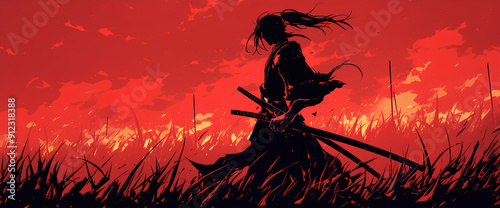 black and red color samurai silhouette with speed effect background